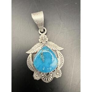 Blue Royston Turquoise Botanical Pendant - Sterling Silver 925 - HCR Stamped